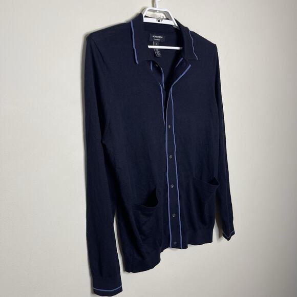 NORDSTROM Tech Smart Blue Merino Wool Button Up Sweater Collared Cardigan Sz M - Picture 4 of 8